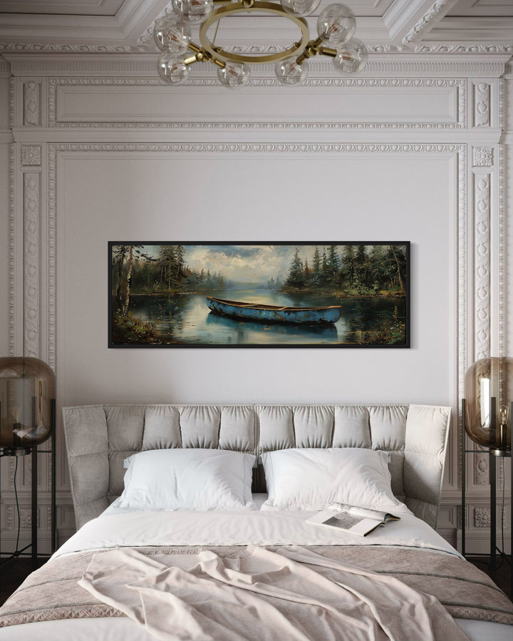 Old Blue Canoe In The Lake Long Horizontal Framed Canvas Wall Art above bed