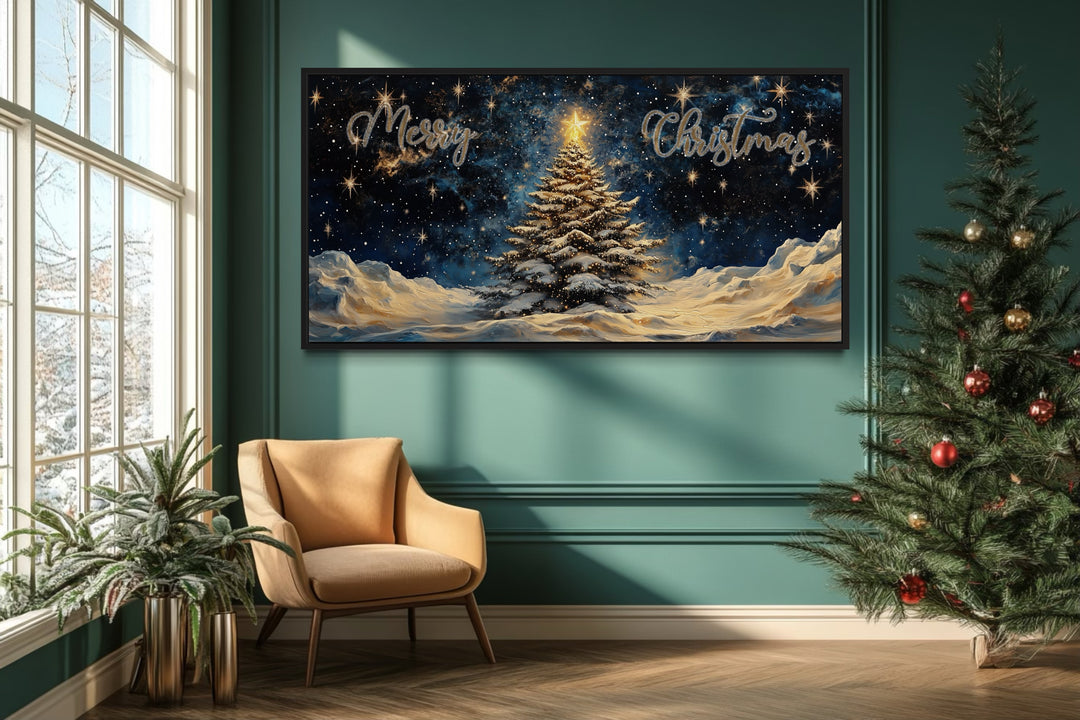 Merry Christmas Sign With Decorated Tree And Snow Canvas Wall Art in christmas room