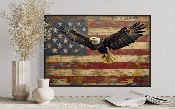 Bald Eagle And American Flag Framed Canvas Wall Art close up