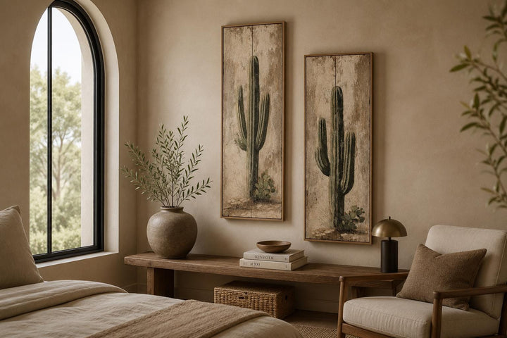 Saguaro Cactus Painting | Set of 2 Vertical Narrow Wall Art - Rustic Desert Canvas Prints