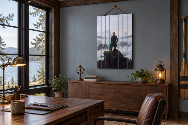 Wanderer Above the Sea of Fog printed on vertical distressed wood planks in a home study.