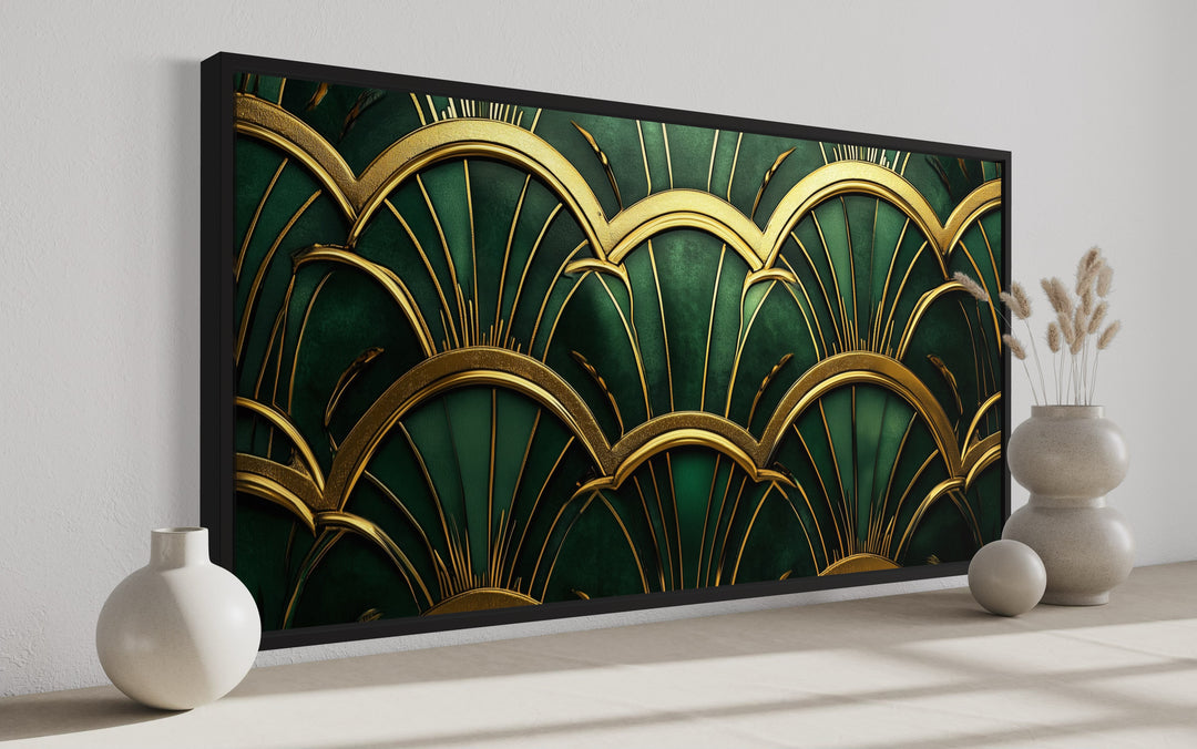 Green Gold Art Deco Horizontal Framed Canvas Wall Art side view