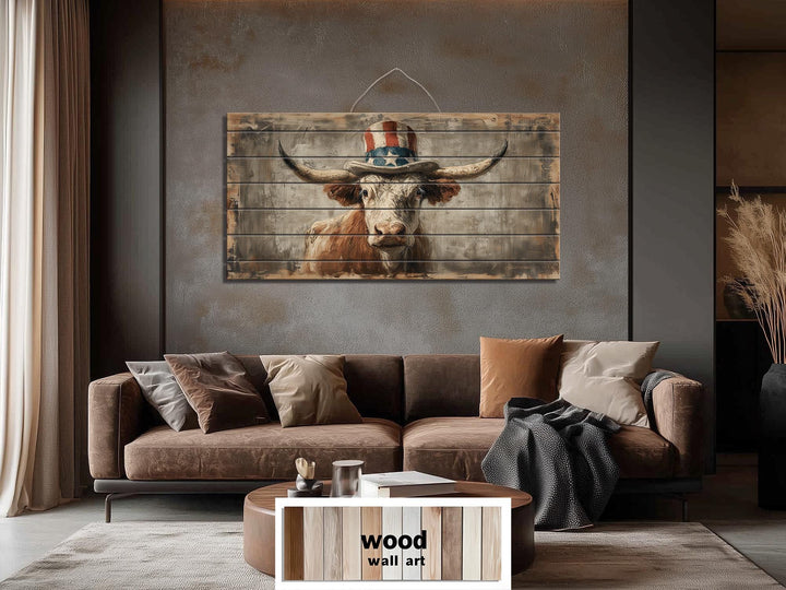 Longhorn Bull Wall Art - Rustic Wood Decor With Uncle Sam Hat | Patriotic Farmhouse