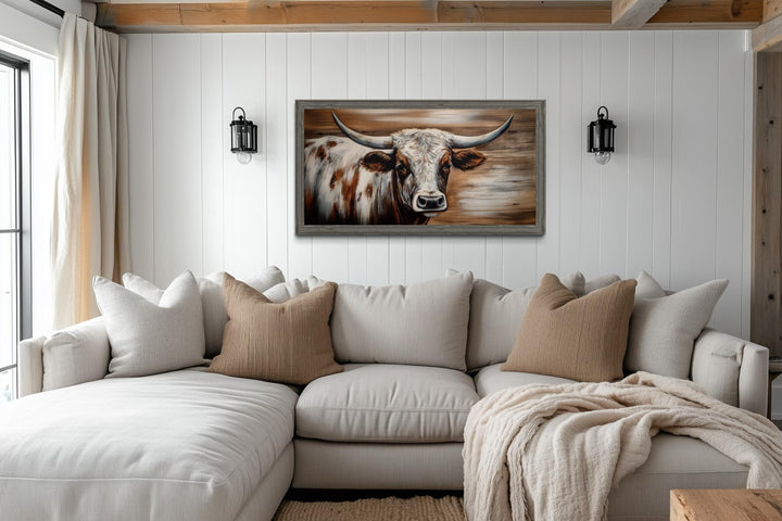 Rustic Longhorn Bull Wall Art With Barnwood Driftwood Frame For Farmhouse Decor