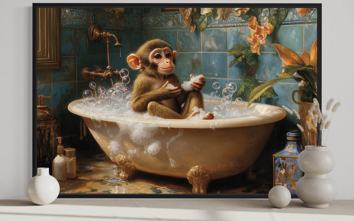 Monkey in a Bathtub Framed Canvas Wall Art close up