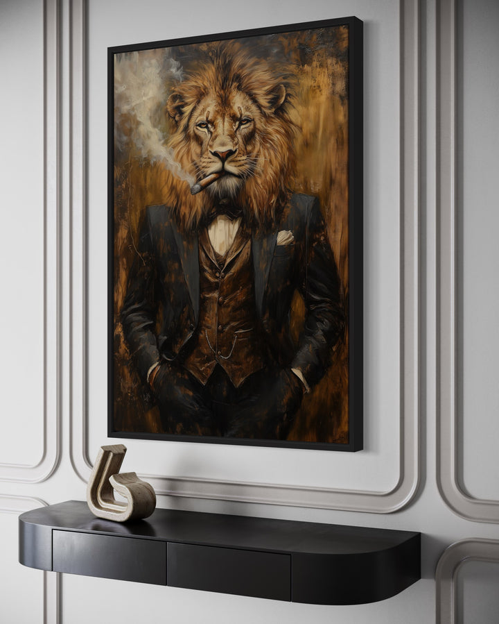 Regal Lion In Suit Smoking Cigar Canvas Wall Art For Men side view