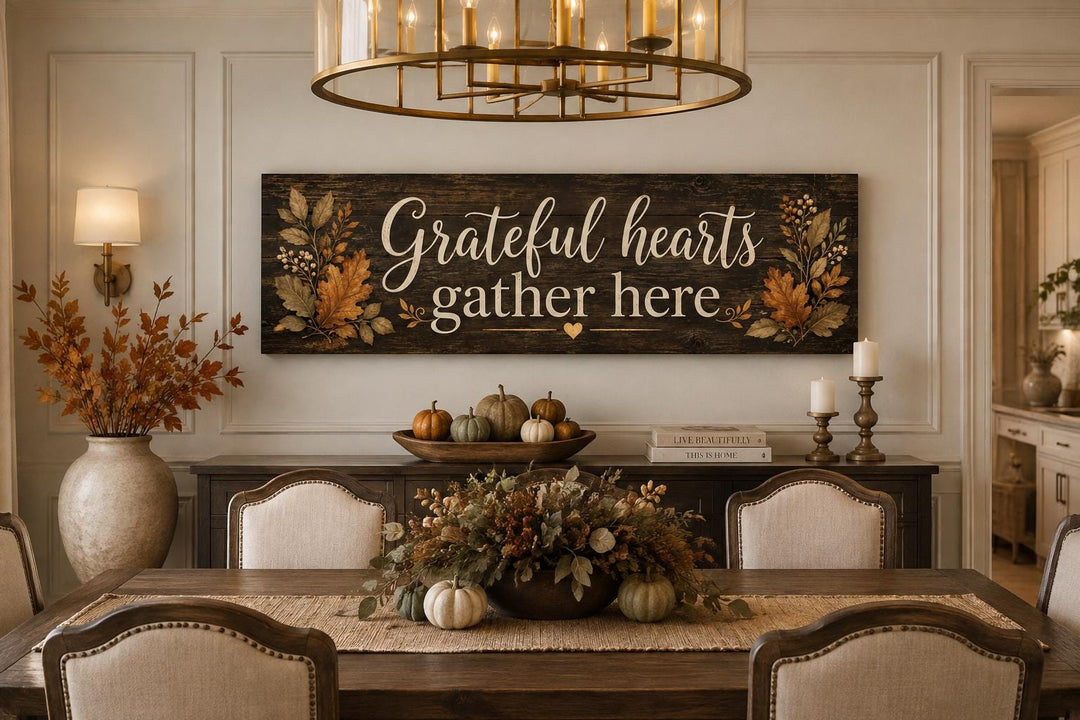 Grateful Hearts Gather Here dark wood-toned canvas sign with autumn leaves in a farmhouse dining room