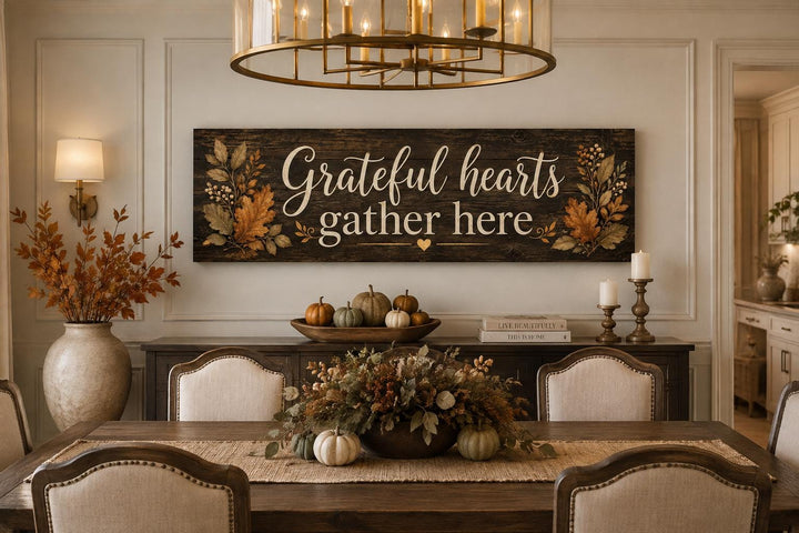 Grateful Hearts Gather Here dark wood-toned canvas sign with autumn leaves in a farmhouse dining room