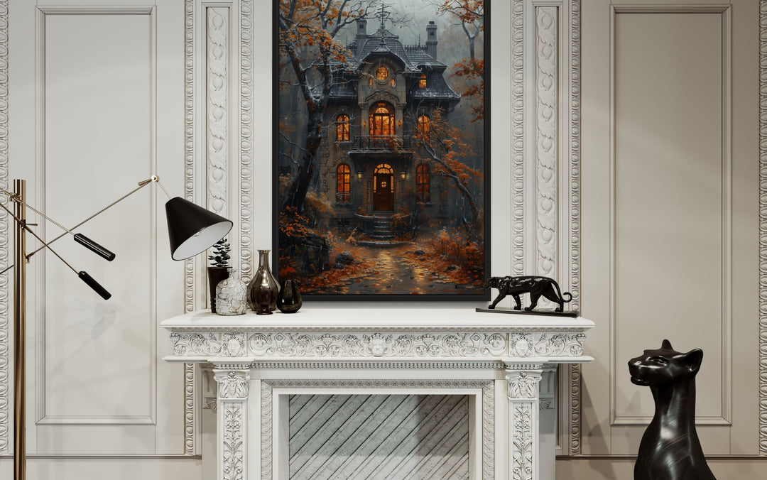 Moody Victorian House In Autumn under Rain Framed Canvas Wall Art above fireplace