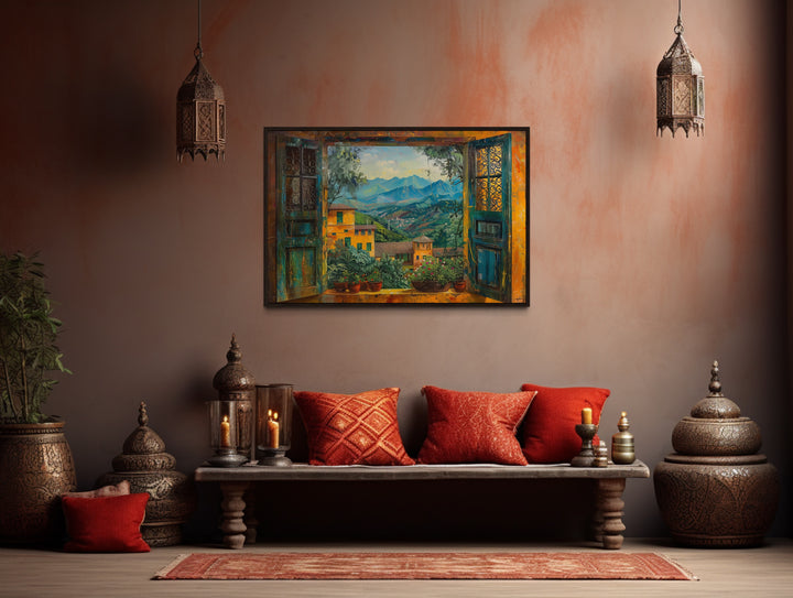 Indian Landscape View Through Open Window Framed Canvas Wall Art in indian room