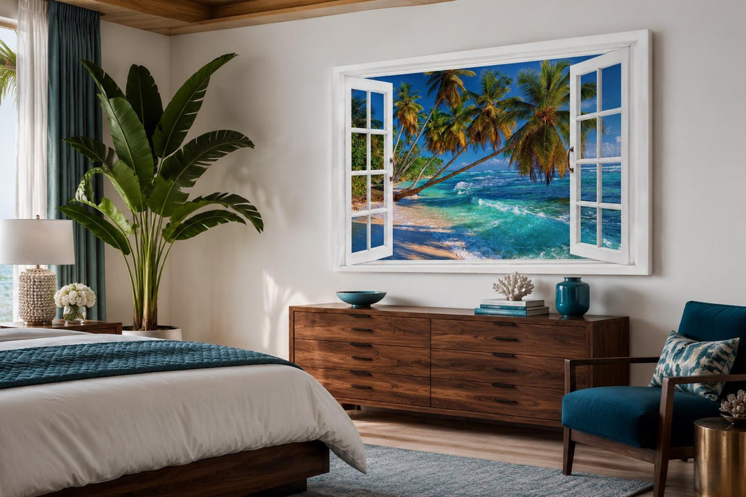 Window view canvas wall art of a tropical beach with palm trees and turquoise ocean water.