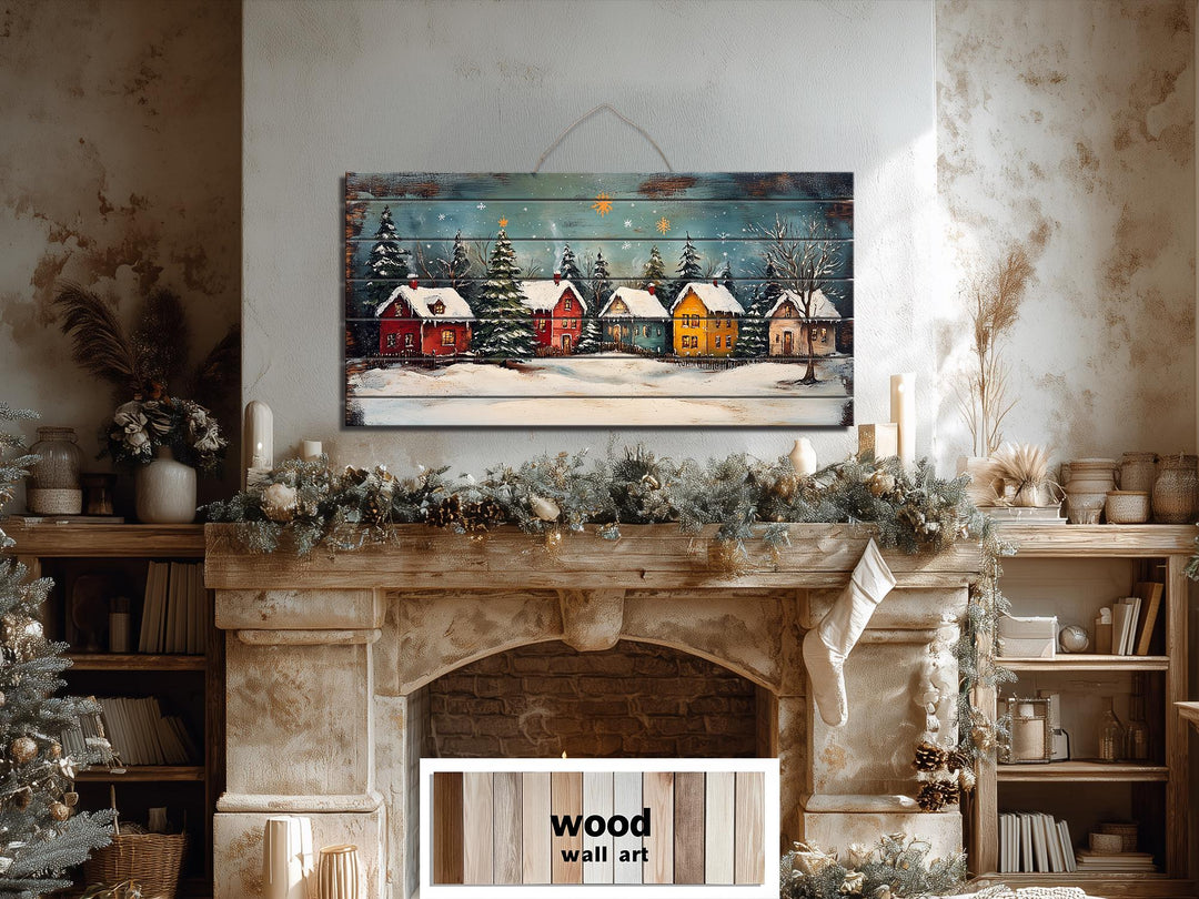 Rustic Christmas Winter Village Distressed Wood Wall Art