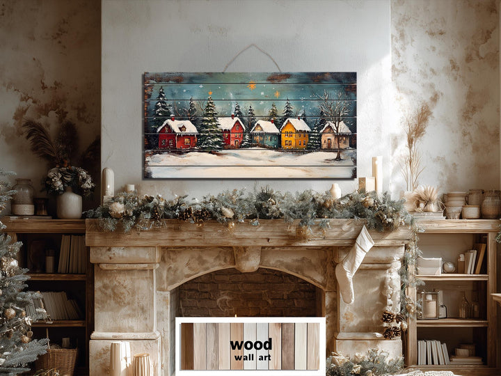 Rustic Christmas Winter Village Distressed Wood Wall Art