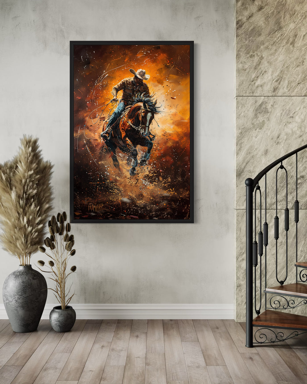 Rodeo Cowboy Riding Bucking Bronco Western Canvas Wall Art near stairs