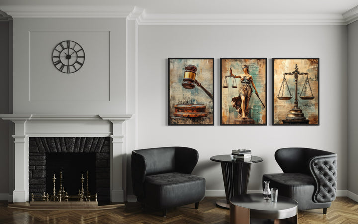 Justice and Law Wall Art Set Of 3 – Scales of Justice, Gavel, and Lady Justice Canvas Prints in lawyer office