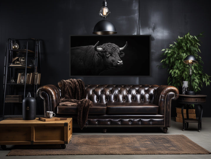 Black Bull Framed Canvas Wall Art in man cave