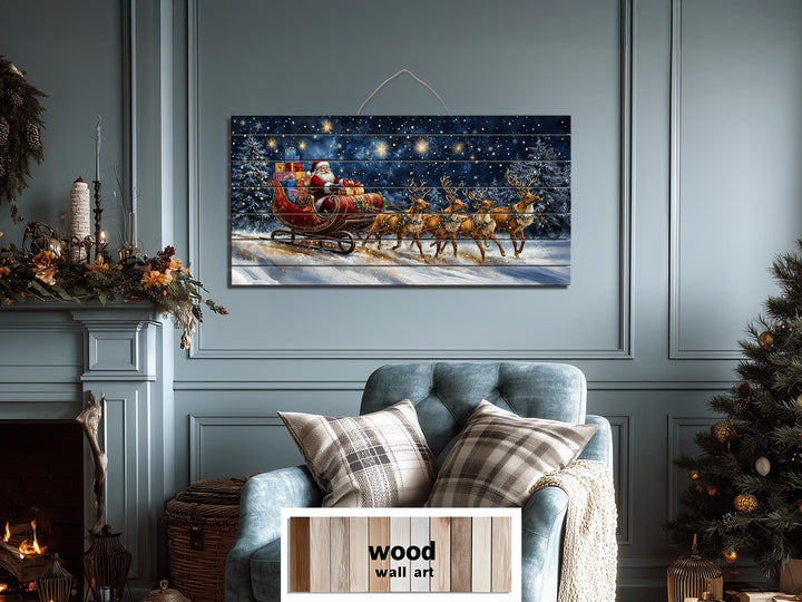 Christmas Wall Art - Rustic Santa Claus In Sleigh and Reindeer Distressed Wood Wall Art