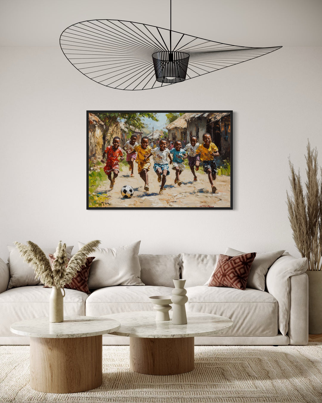 African Children Playing Soccer Framed Canvas Wall Art