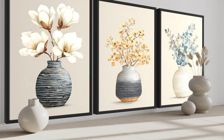 Dining Room Wall Art – Neutral Floral Canvas Set | Modern Minimalist Botanical Prints
