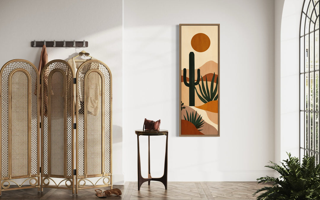 Midcentury Modern Desert Cactus Tall Narrow Vertical Wall Art in living room