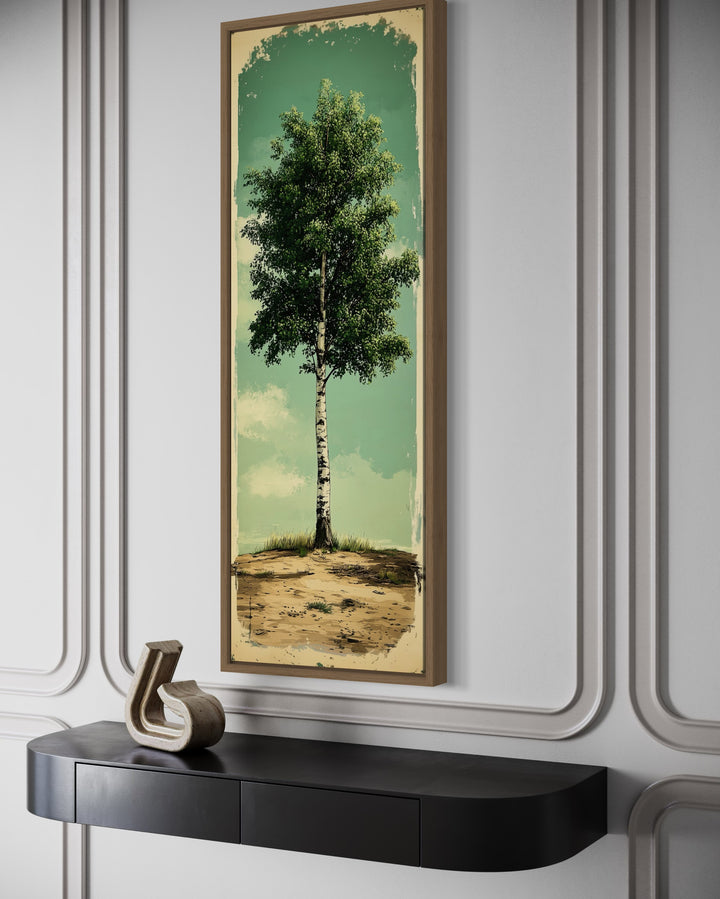 Vertical Long Narrow Rustic Birch Tree Framed Canvas Wall Art side view