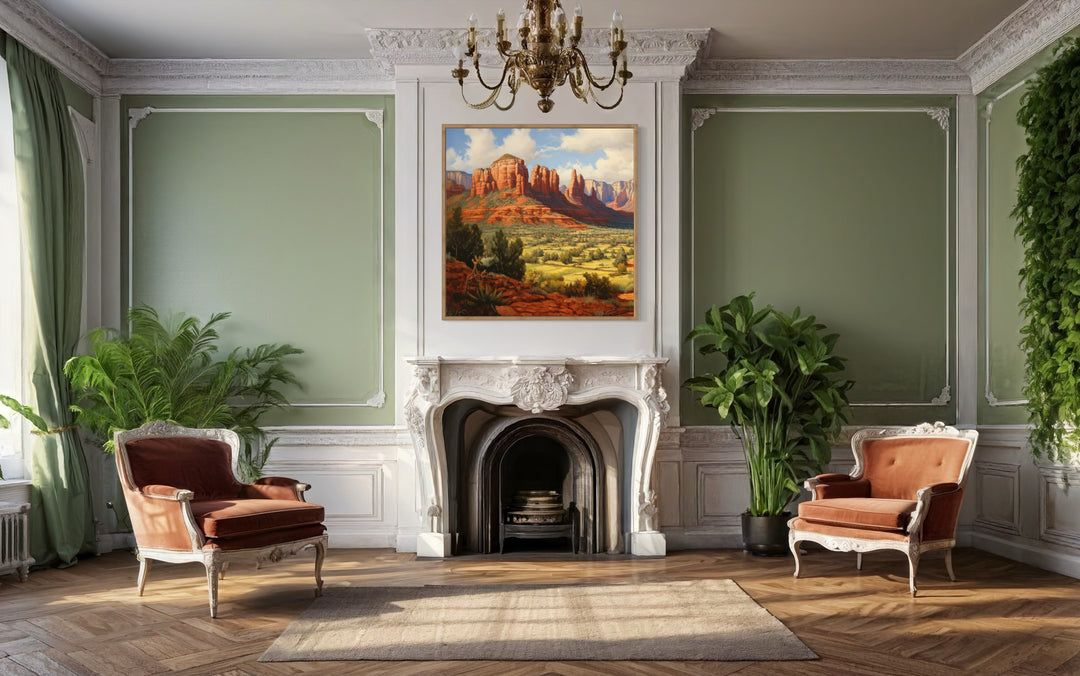 Sedona Arizona Desert Landscape Framed Canvas Wall Art above mantel