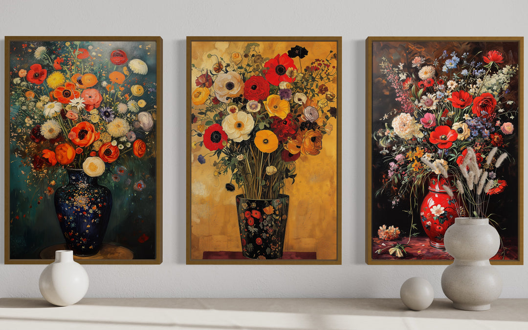 Antique Style Floral Vases Set of 3 Canvas Wall Art for Dining Room close up