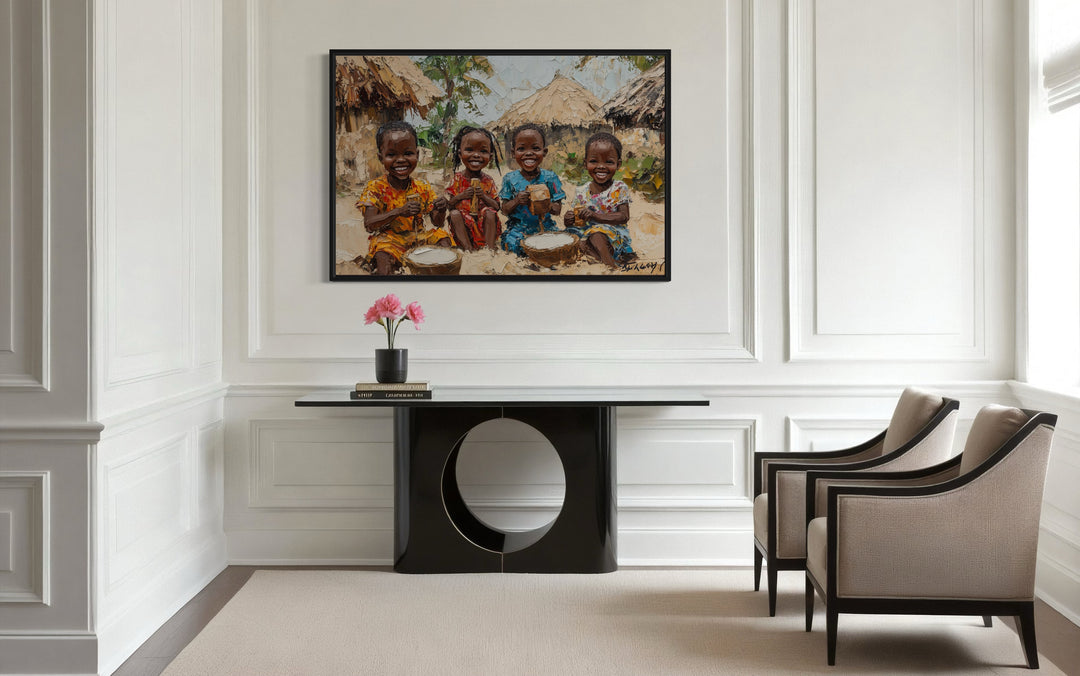 Happy African Children Playing In The Village Framed Canvas Wall Art