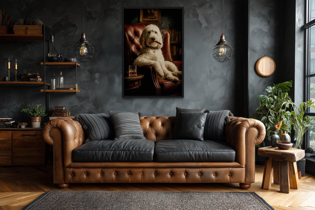 White Goldendoodle Dog Drinking Whiskey and Smoking Cigar Canvas Wall Art