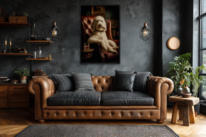White Goldendoodle Dog Drinking Whiskey and Smoking Cigar Canvas Wall Art