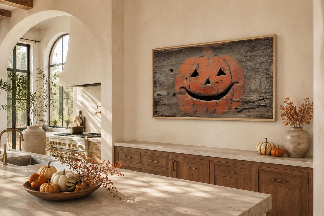 Primitive pumpkin canvas wall art on a weathered wood background in a rustic farmhouse kitchen.