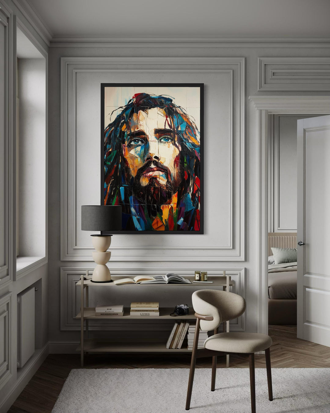 Modern Jesus Canvas Art – Abstract Colorful Christian Wall Decor with Floating Frame