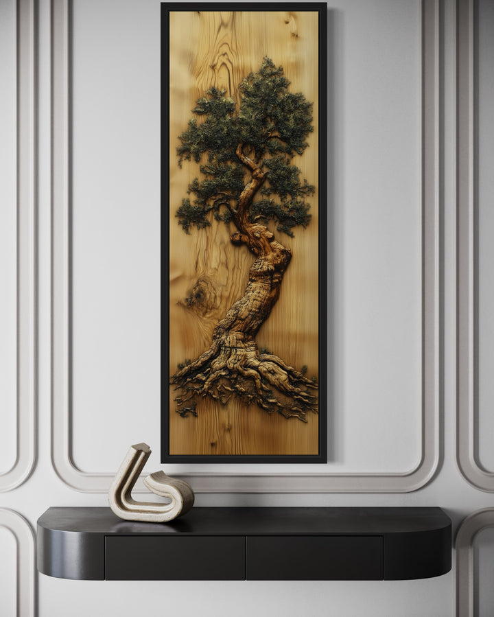 Oak Tree Painted On Wood Slice Vertical Framed Canvas Wall Art close up