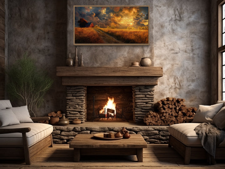 Old Red Barn In Autumn Sunset Framed Farmhouse Canvas Wall Art above fireplace