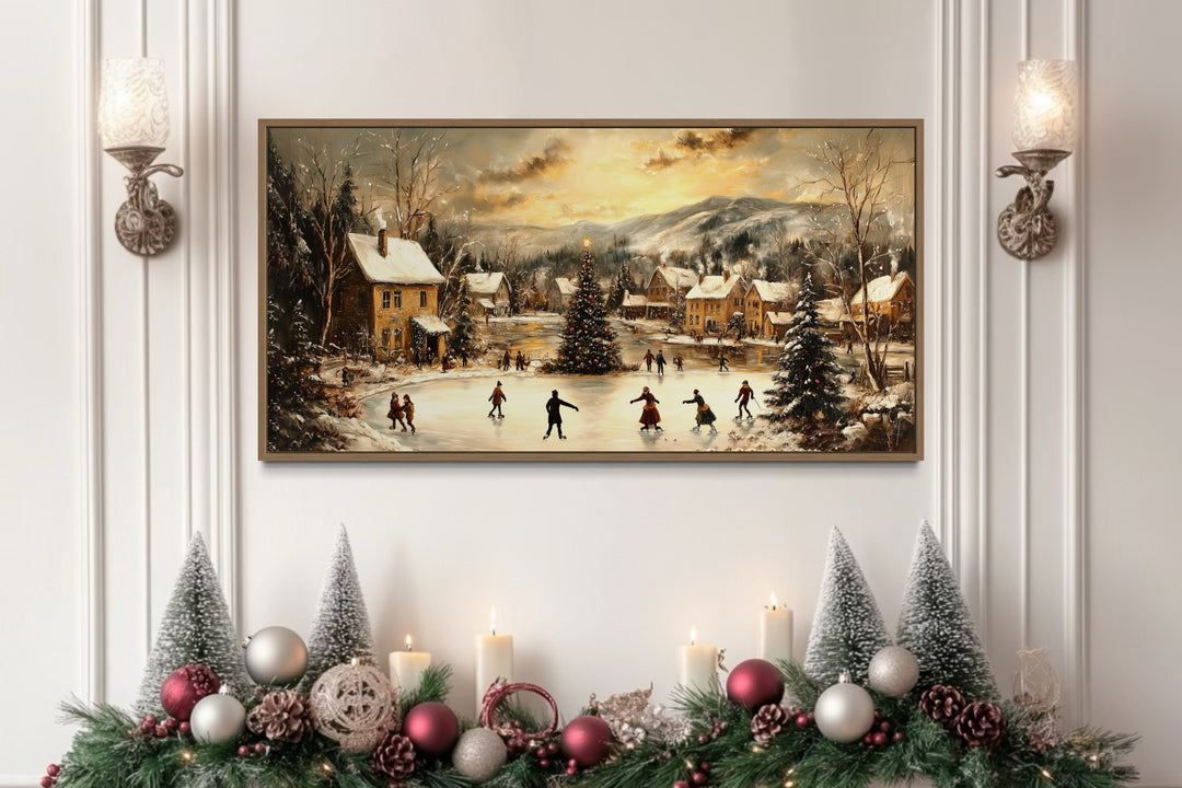 a painting of a winter scene with people skating