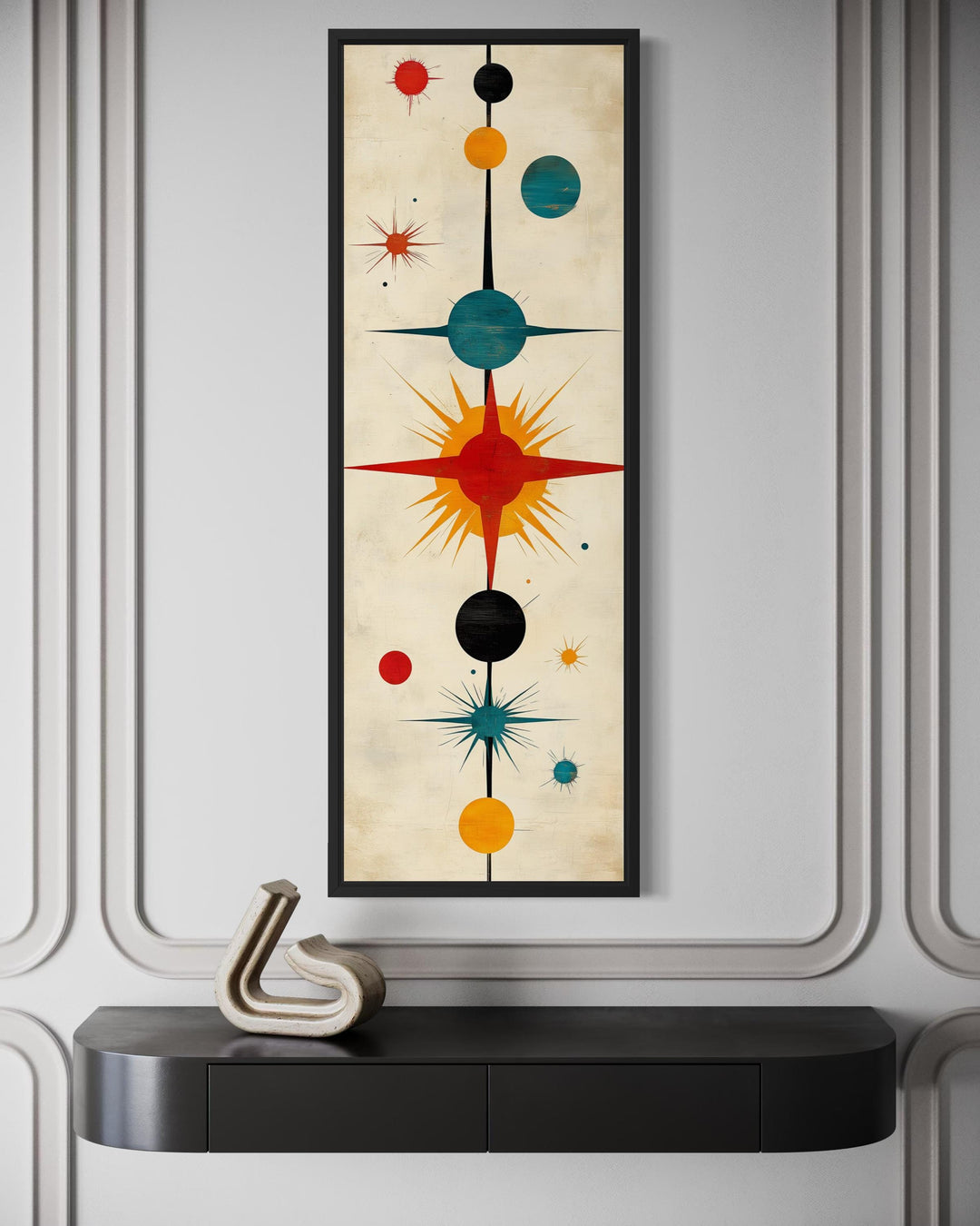 Vertical narrow mid-century modern wall art featuring an abstract atomic starburst print.