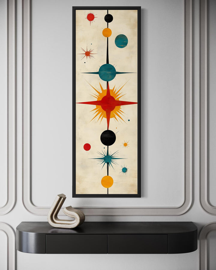 Vertical narrow mid-century modern wall art featuring an abstract atomic starburst print.