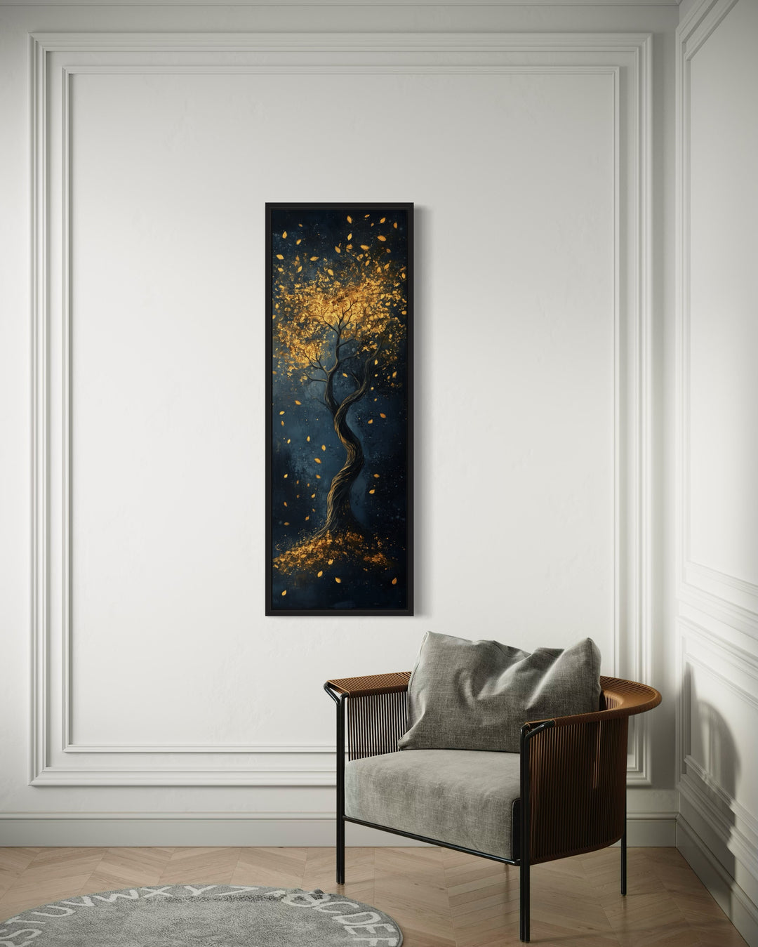 Enchanted Golden Tree On Navy Background Vertical Narrow Wall Art in a living room with a chair