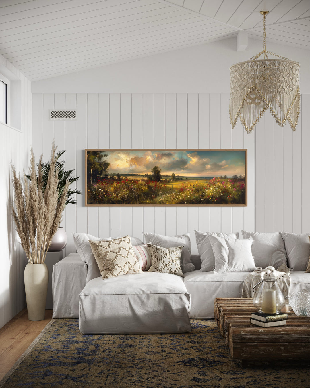 Vintage Wildflowers Field Landscape at Sunset Panoramic Canvas Wall Art in farmhouse room