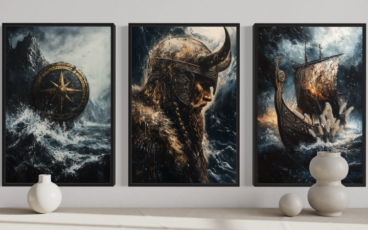 3 Piece Viking Wall Art With Viking Ship And Vegvisir - Nautical Man Cave Decor close up