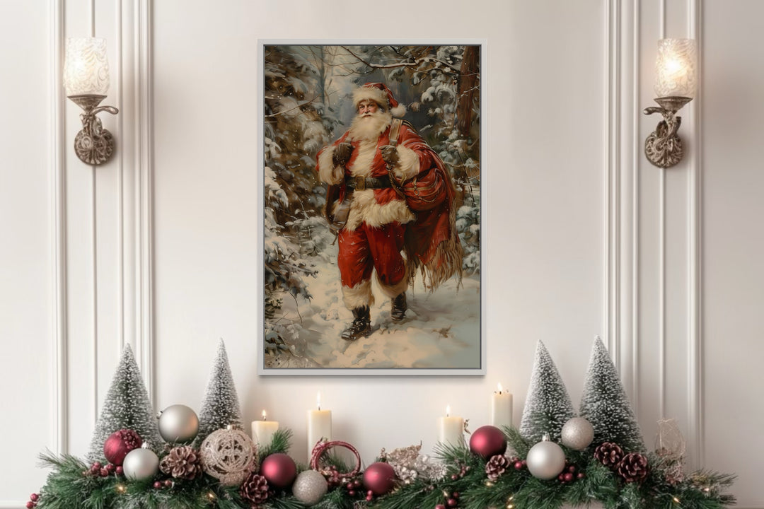 Santa In The Forest With Bag Of Gifts Framed Canvas Wall Art above firelace