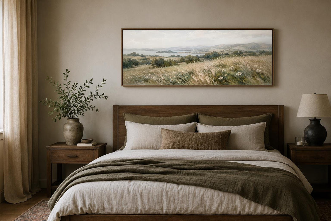 Farmhouse Grass Field Wall Art – Long Horizontal Canvas | Neutral Landscape Decor