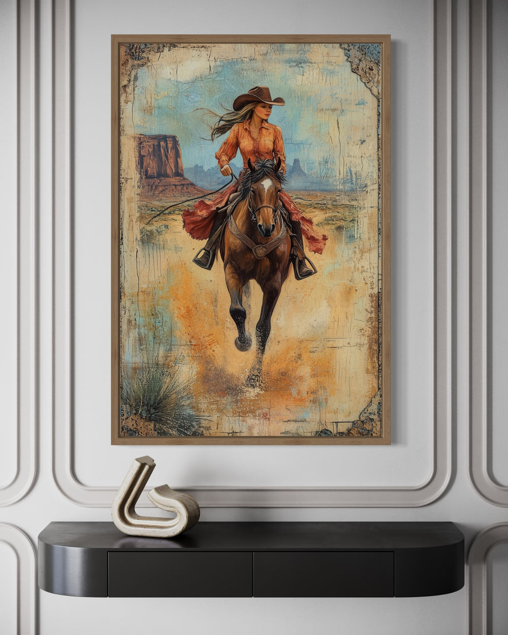 Cowgirl Riding A Horse In Monument Valley Framed Canvas Wall Art close up