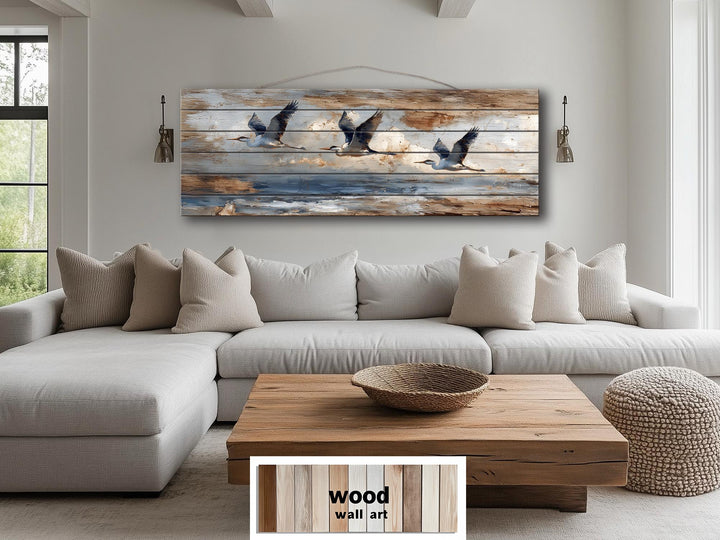 Flying Herons Distressed Wall Art on Wood Planks - Rustic Coastal Bird Decor for Beach Houses