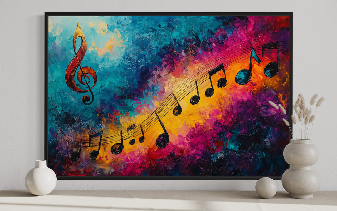 Trippy Colorful Music Notes Abstract Paining Framed Canvas Wall Art close up