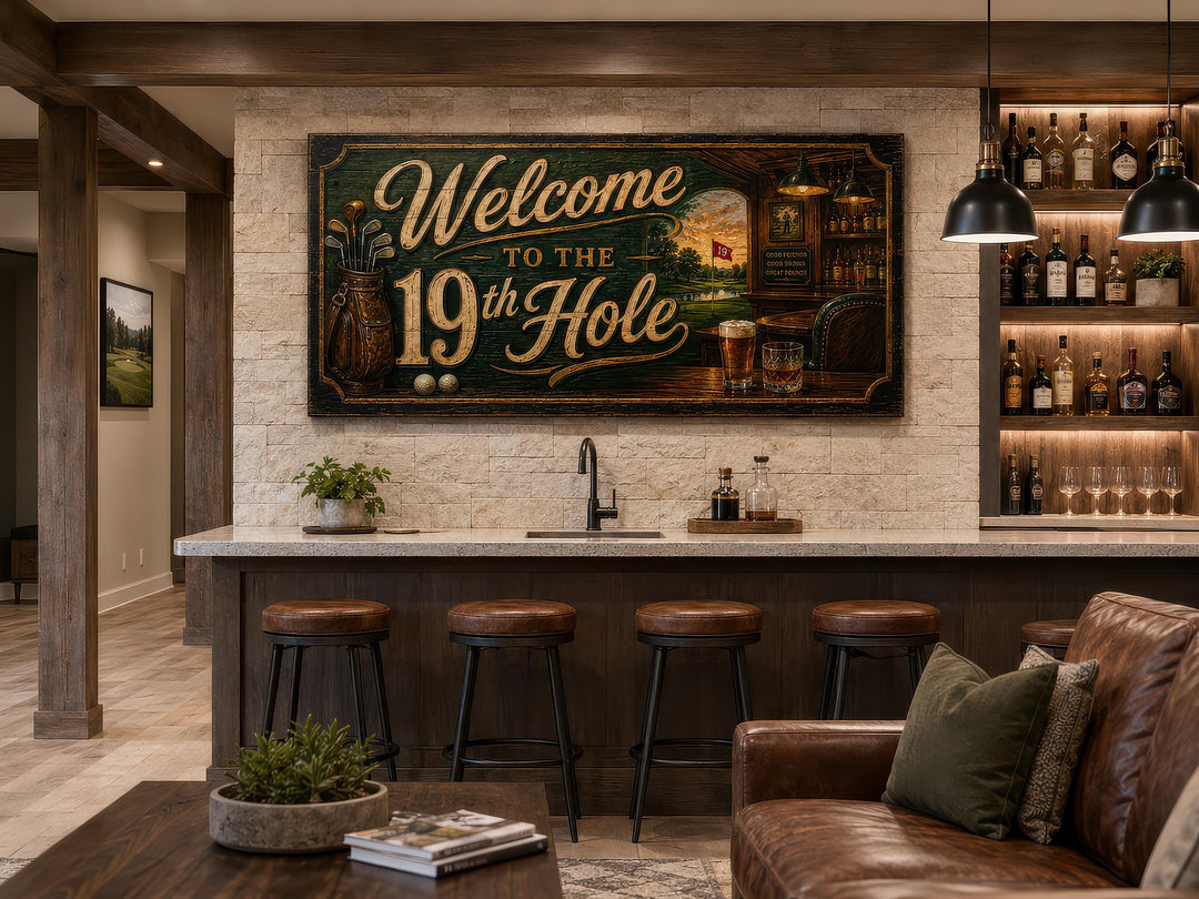 Vintage 19th Hole golf sign canvas art displayed above a home bar with leather stools.