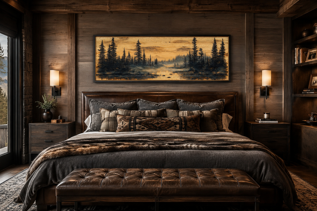 Panoramic pine tree forest painting on wood-textured canvas above a bed in a rustic room.