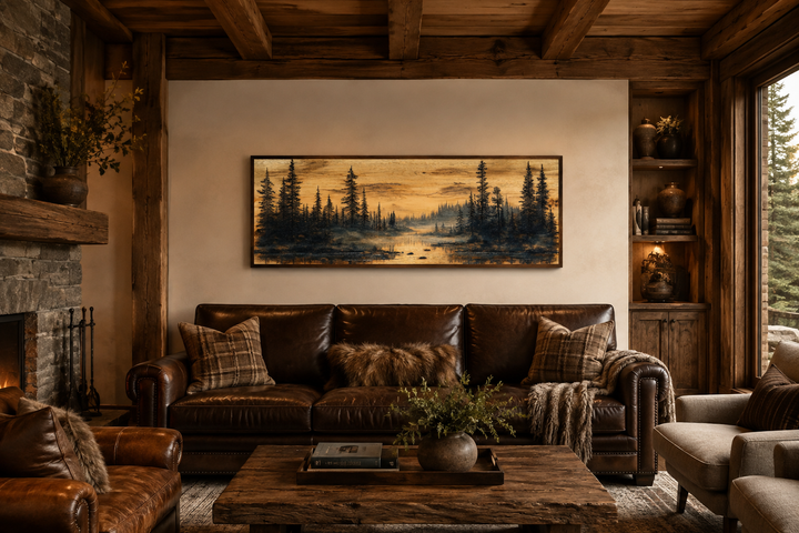 Panoramic pine forest painting on wood texture, framed above a leather sofa in a rustic living room.