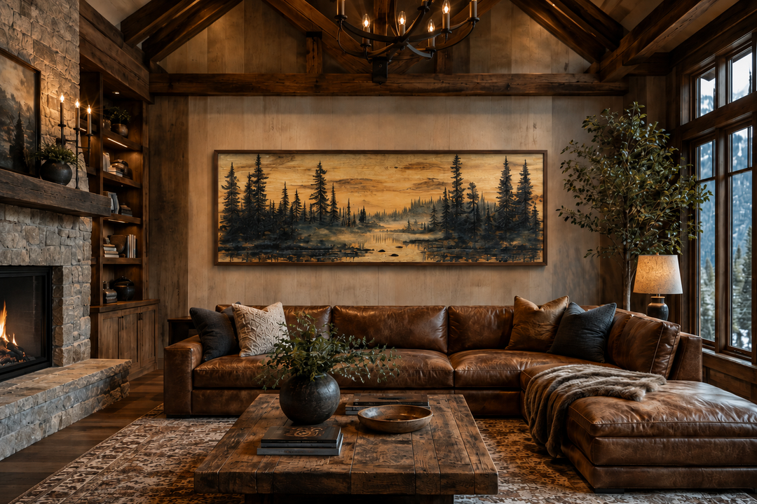 Panoramic rustic pine tree forest painting on wood-textured canvas in a cozy cabin living room.