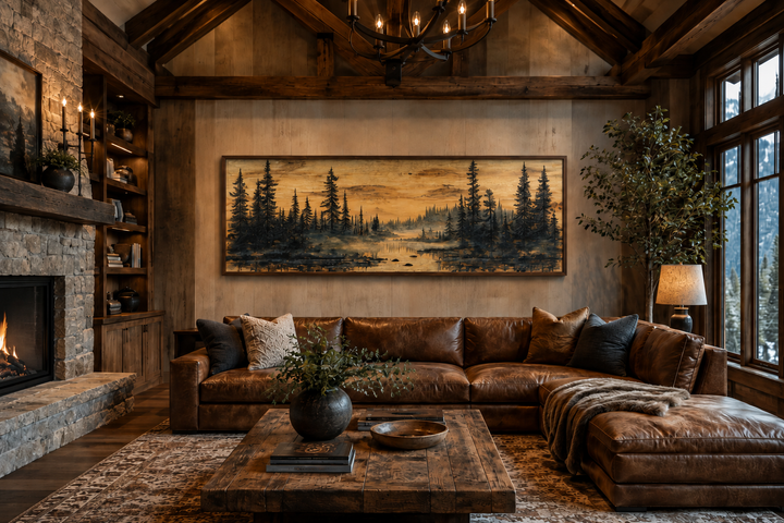 Panoramic rustic pine tree forest painting on wood-textured canvas in a cozy cabin living room.
